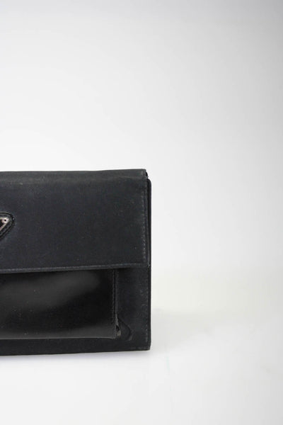Prada Womens Nylon Flap Over Snap Closure Card Holder Large Black Wallet