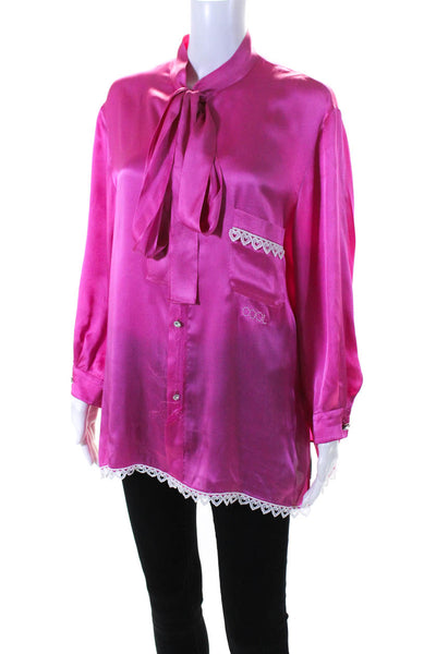 Cool TM Womens Button Front Tie Neck Lace Trim Satin Shirt Pink Size Small