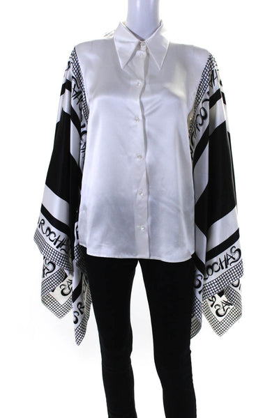 Rochas Womens Button Front Printed Sleeve Silk Draped Shirt White Black IT 44