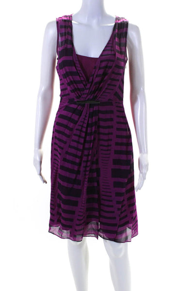 Calvin Klein Womens Chiffon Printed V-Neck Sleeveless A-Line Dress Purple Size 4