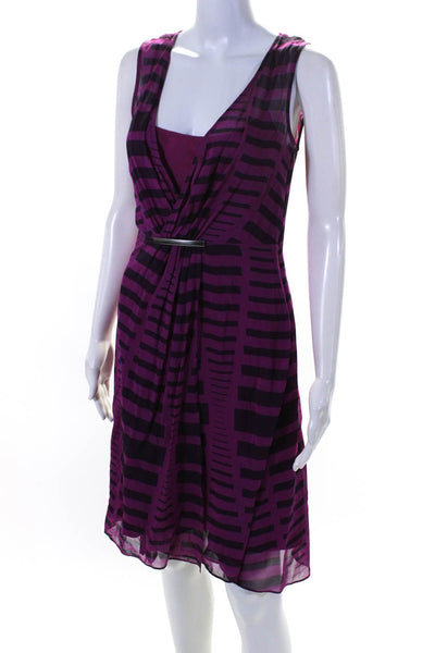 Calvin Klein Womens Chiffon Printed V-Neck Sleeveless A-Line Dress Purple Size 4