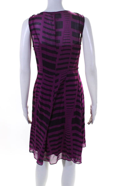 Calvin Klein Womens Chiffon Printed V-Neck Sleeveless A-Line Dress Purple Size 4