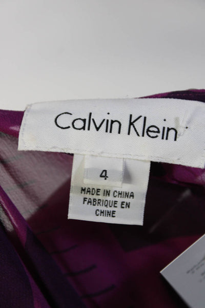 Calvin Klein Womens Chiffon Printed V-Neck Sleeveless A-Line Dress Purple Size 4