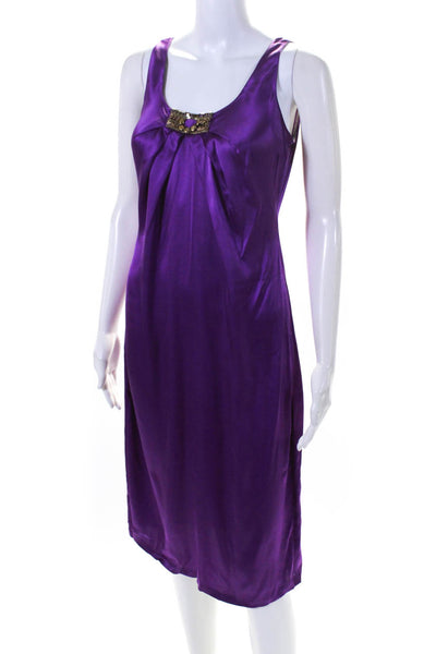 Emilio Pucci Womens Silk Scoop Neck Beaded Pleated Shift Dress Purple Size S