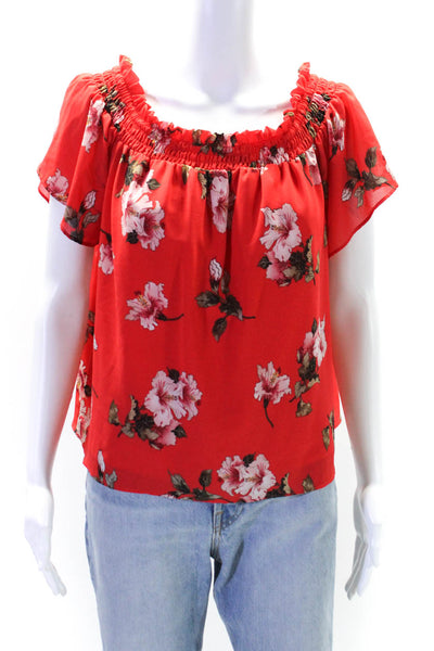 Rachel Roy Womens Short Sleeve Off Shoulder Floral Top Blouse Red Size XS