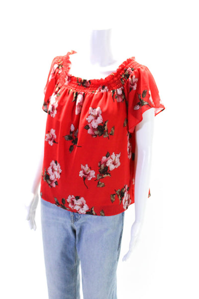 Rachel Roy Womens Short Sleeve Off Shoulder Floral Top Blouse Red Size XS