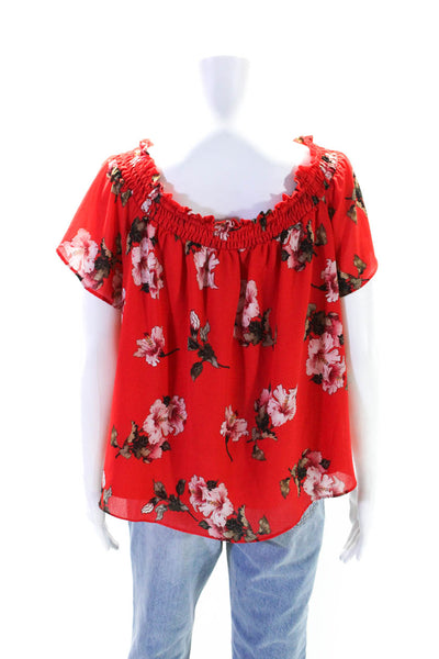 Rachel Roy Womens Short Sleeve Off Shoulder Floral Top Blouse Red Size XS