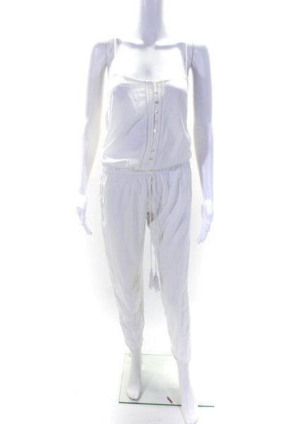 Indah Womens Woven Button Front Drawstring Waist Jumpsuit White Size XS