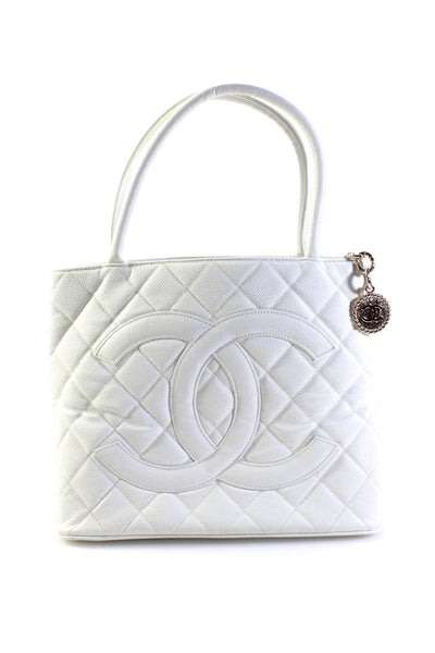Chanel Womens Quilted Caviar Leather CC Charm Rolled Handle Tote Handbag White