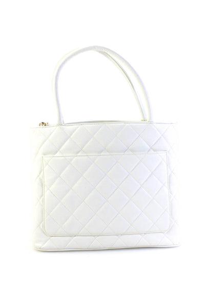Chanel Womens Quilted Caviar Leather CC Charm Rolled Handle Tote Handbag White