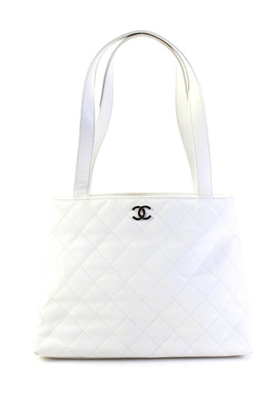 Chanel Womens Quilted Caviar Leather CC Top Handle Open Tote Handbag White