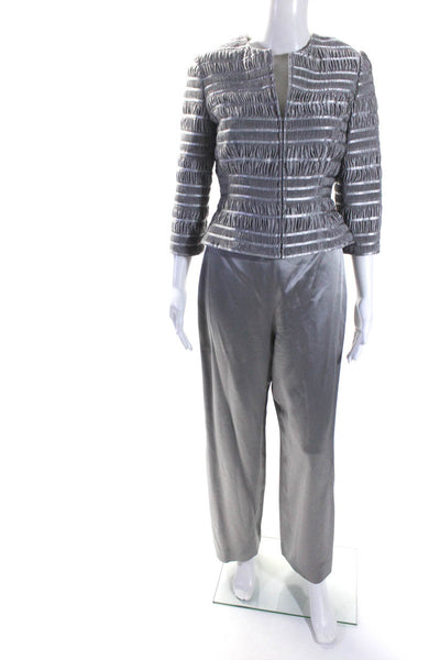 Carmen Carmen Marc Valvo Womens Two Piece Zip Up Scoop Neck Suit Gray Size 4