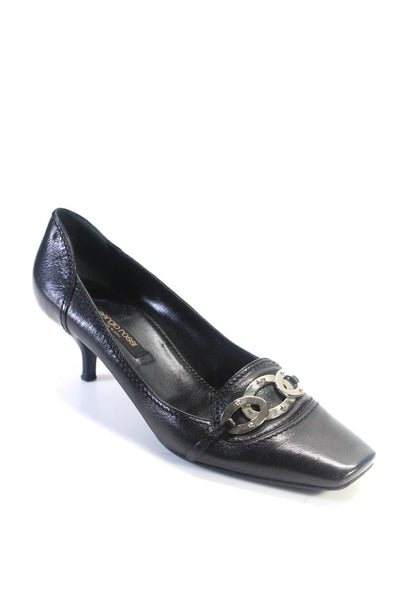 Sergio Rossi Womens Leather Chained Buckled Square Toe Pumps Black Size EUR38.5