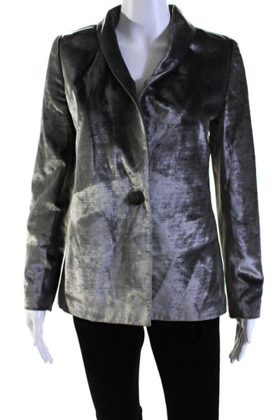Marina Moscone Womens Single Button Collared Velour Blazer Jacket Gray Size 2