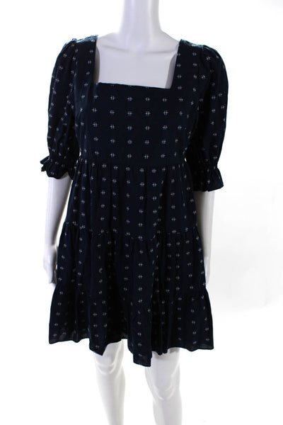 Madewell Women Puff Sleeve Square Neck Embroidered Mini A Line Dress Navy Size 2