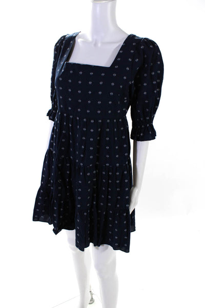 Madewell Women Puff Sleeve Square Neck Embroidered Mini A Line Dress Navy Size 2