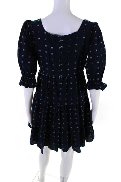 Madewell Women Puff Sleeve Square Neck Embroidered Mini A Line Dress Navy Size 2