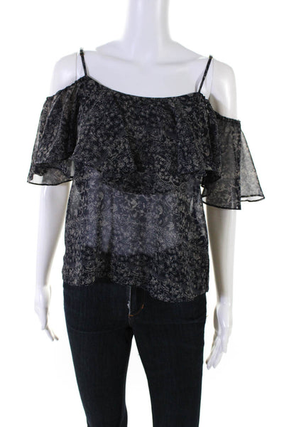 Misa Womens Floral Chiffon Off Shoulder Ruffle Top Blouse Navy Size Small