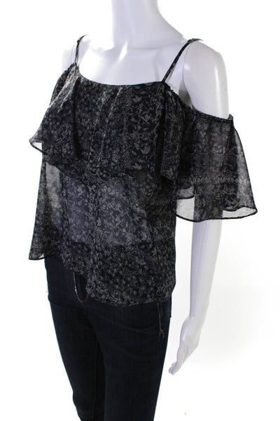 Misa Womens Floral Chiffon Off Shoulder Ruffle Top Blouse Navy Size Small