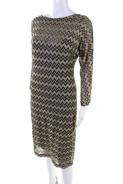 M Missoni Womens 3/4 Sleeve Metallic Chevron Knit Dress Brown Black Size 8