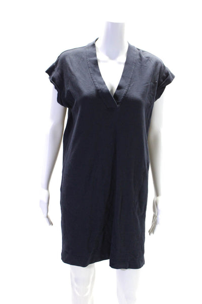 ATM Womens Navy Cotton Pockets V-Neck Short Sleeve Shirt Dress Size XS