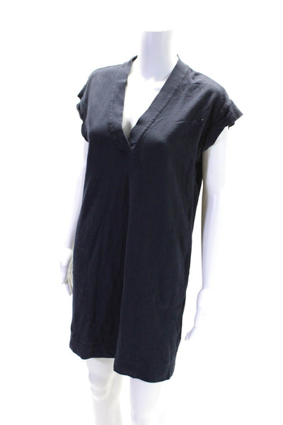 ATM Womens Navy Cotton Pockets V-Neck Short Sleeve Shirt Dress Size XS