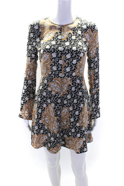 A.L.C. Womens Silk Paisley Print Long Sleeves A Line Dress Brown Black Size 0