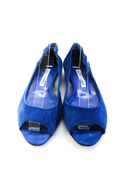 Manolo Blahnik Womens Perforated Suede Peep Toe Ballet Flats Blue Size 37.5 7.5