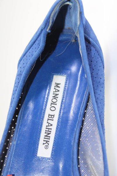 Manolo Blahnik Womens Perforated Suede Peep Toe Ballet Flats Blue Size 37.5 7.5