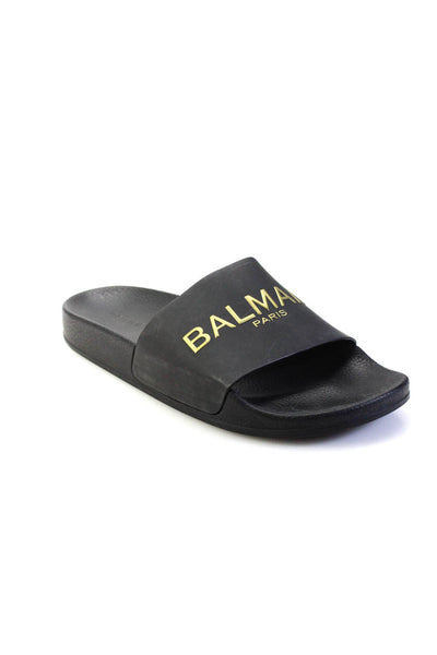 Balmain Womens Slip On Metallic Logo Slide Sandals Black Rubber Size 41