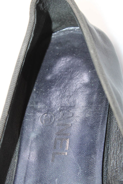 Chanel Womens Metallic CC Cap Toe Ballet Flats Black Navy Blue Leather 38.5 8.5