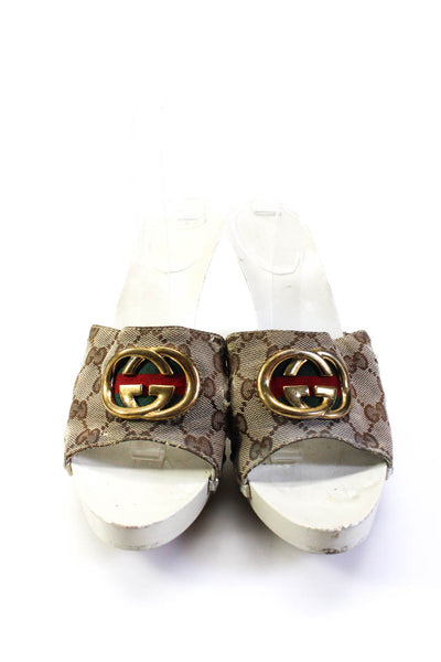 Gucci Womens Cone Heel Interlocking GG Web Monogram Sandals Brown Canvas Size 7