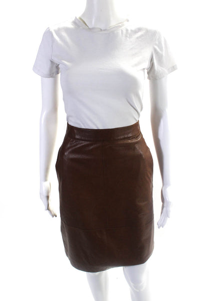 Luisa Cerano Womens Knee Length Lined Leather Skirt Brown Size 4