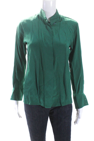 Guy Laroche Womens Silk Crepe Button Up Mock Neck Blouse Top Green Size 34