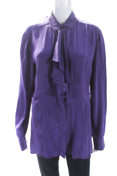 Prada Womens Button Front Long Sleeve Collared Ruffled Silk Shirt Purple IT 40