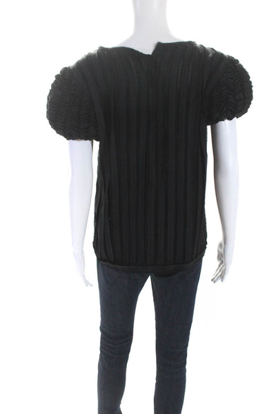 Fendi Womens Ruffled Short Sleeve Fringe Striped Silk Top Black Size Italian 42