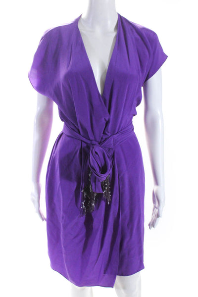 Emilio Pucci Womens Short Sleeve V Neck Beaded Silk Wrap Dress Purple Size 8
