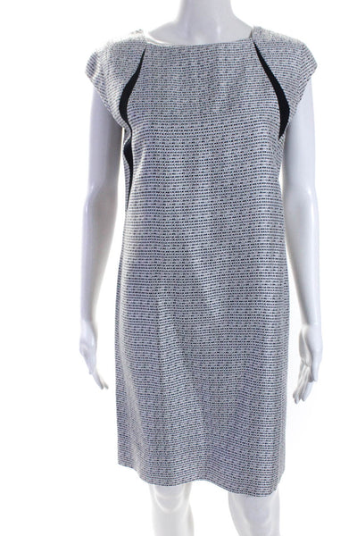 Jil Sander Womens Sleeveless V Neck Tweed Knit Shift Dress White Navy Size IT 38