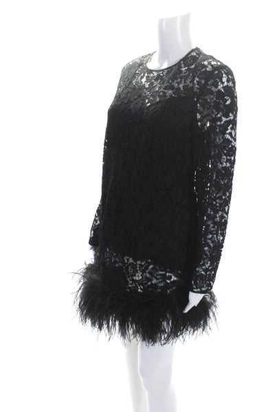 Valentino Womens Back Zip Long Sleeve Lace Overlay Feather Dress Black IT 44
