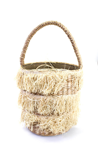 Kayu Straw Woven Tiered Fringe Circular Drawstring Top Handle Handbag Beige