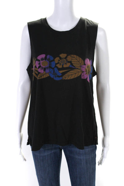 Xirena Womens Floral Crew Neck Muscle Tee Tank Top Black Purple Brown Large