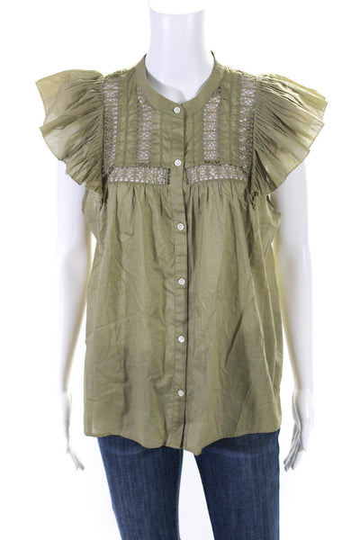 Rails Womens Pleated Flutter Sleeve Lace Yoke Button Up Top Blouse Olive Large