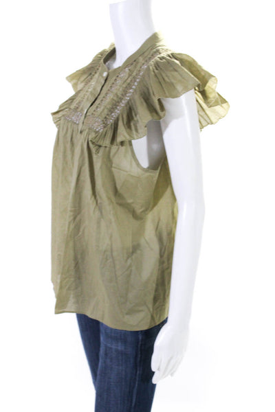 Rails Womens Pleated Flutter Sleeve Lace Yoke Button Up Top Blouse Olive Large