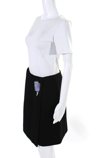 Prada Womens Jeweled  Applique Wrap Skirt Black Wool Size EUR 42