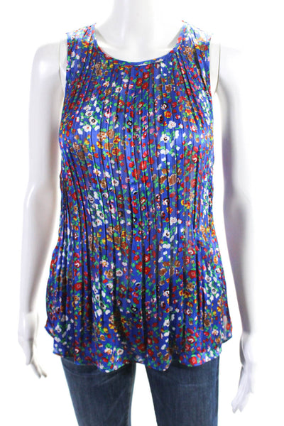 Rachel Zoe Womens Satin Floral Print Pleated Front Sleeveless Blouse Blue Size S