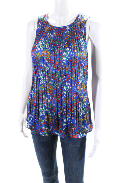 Rachel Zoe Womens Satin Floral Print Pleated Front Sleeveless Blouse Blue Size S