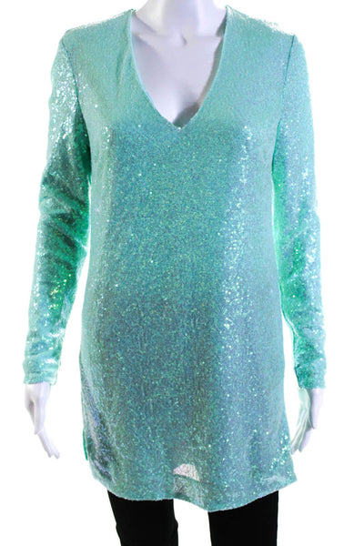 Badgley Mischka Womens Sequin Long Sleeve Split Hem V-Neck Blouse Blue Size XS