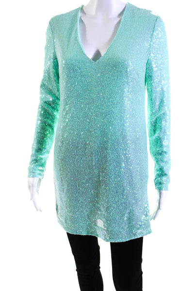 Badgley Mischka Womens Sequin Long Sleeve Split Hem V-Neck Blouse Blue Size XS