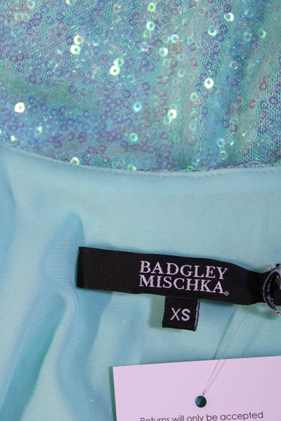 Badgley Mischka Womens Sequin Long Sleeve Split Hem V-Neck Blouse Blue Size XS