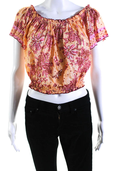 Poupette St. Barth Womens Floral Print Ruched Short Sleeve Blouse Orange Size M